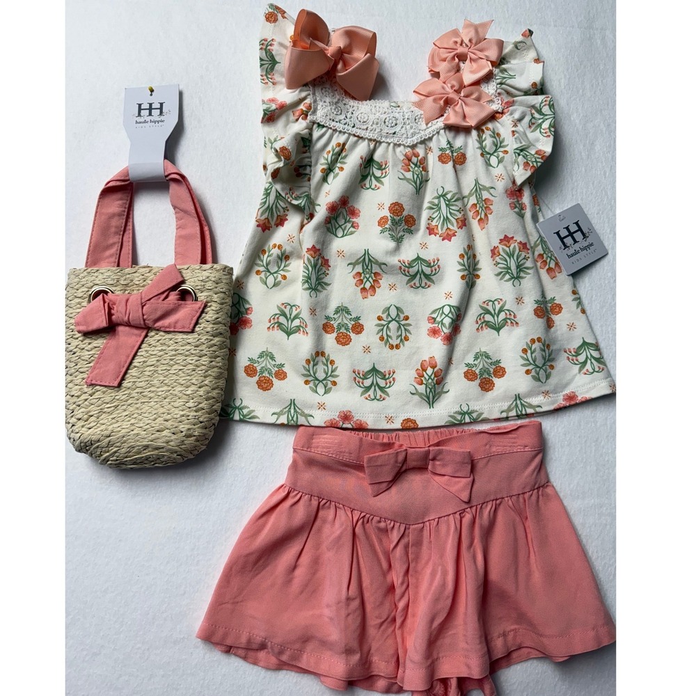 Haute Hippie Kids 2T Floral 3pc Set Top Shorts Bag Coral Lace NEW with 3‎ bows